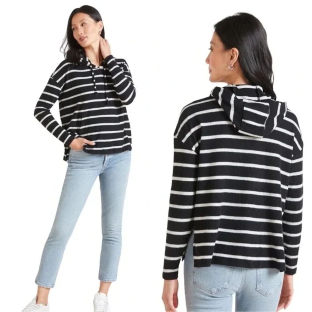 Chaser Women's Small Striped Long Sleeve Hooded Tee Shirt Black White Casual
